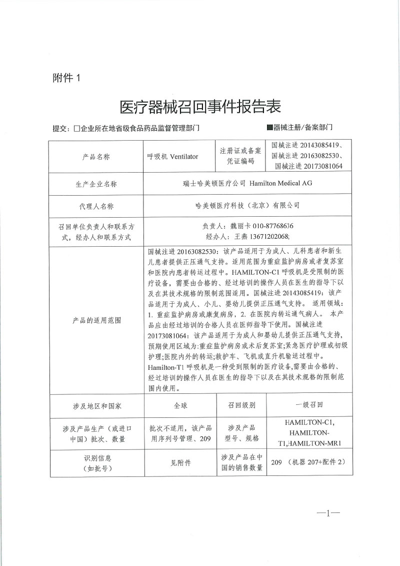 瑞士哈美顿医疗公司 Hamilton Medical AG对呼吸机Ventilator主动召回（境外）