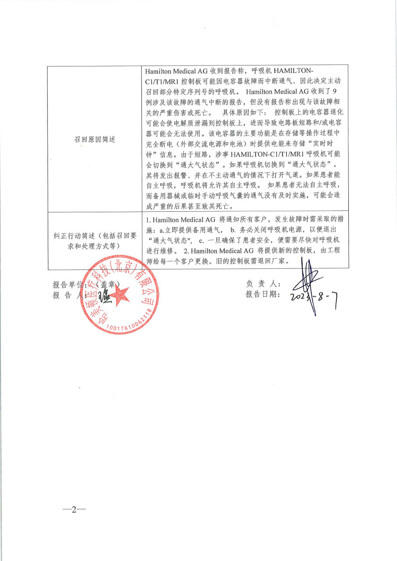 瑞士哈美顿医疗公司 Hamilton Medical AG对呼吸机Ventilator主动召回（境外）
