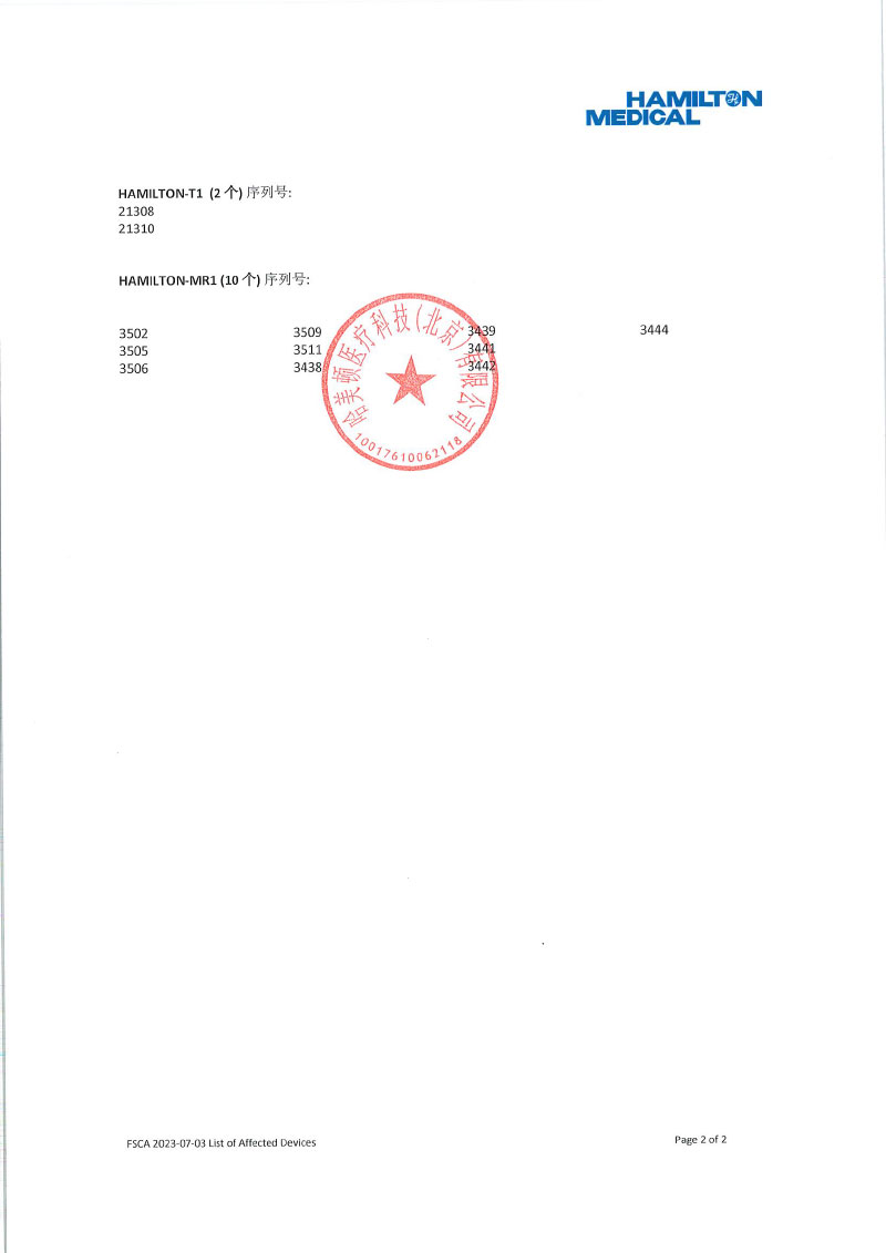 瑞士哈美顿医疗公司 Hamilton Medical AG对呼吸机Ventilator主动召回（境外）