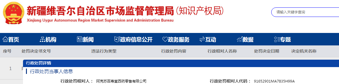新疆阿克苏市市场监督管理局关于阿克苏百寿堂西药零售有限公司未凭处方销售处方药案（阿克苏市市监药处〔2023〕159号）.png