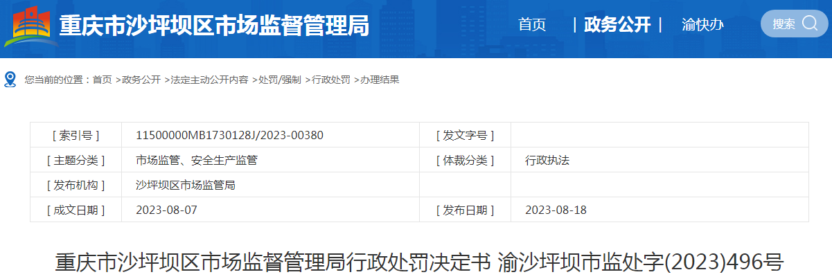 重庆市沙坪坝区市场监督管理局关于重庆沙坪坝淳仁堂中医门诊部行政处罚决定书（渝沙坪坝市监处字(2023)496号）.png
