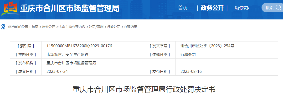 重庆市合川区市场监督管理局关于合川余德平环城口腔诊所行政处罚决定书（渝合川市监处字〔2023〕254号）.png