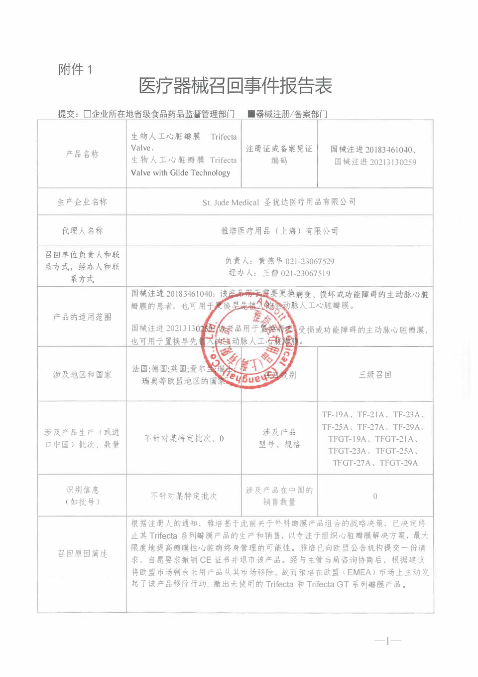 圣犹达医疗用品有限公司St. Jude Medical 对生物人工心脏瓣膜主动召回