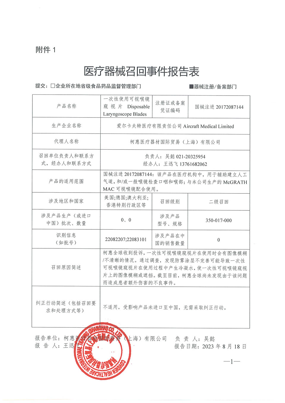 爱尔卡夫特医疗有限责任公司Aircraft Medical Limited对一次性使用可视喉镜窥视片主动召回