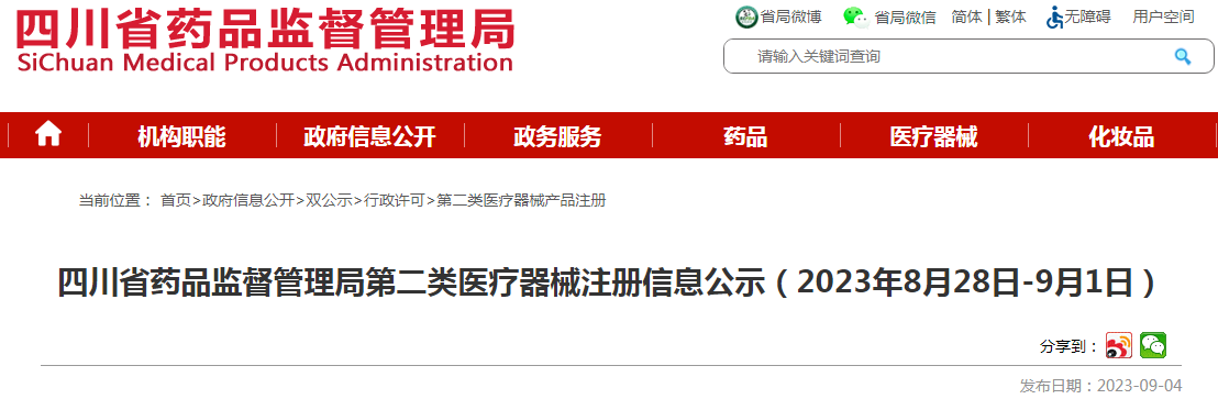 四川省药品监督管理局第二类医疗器械注册信息公示（2023年8月28日-9月1 