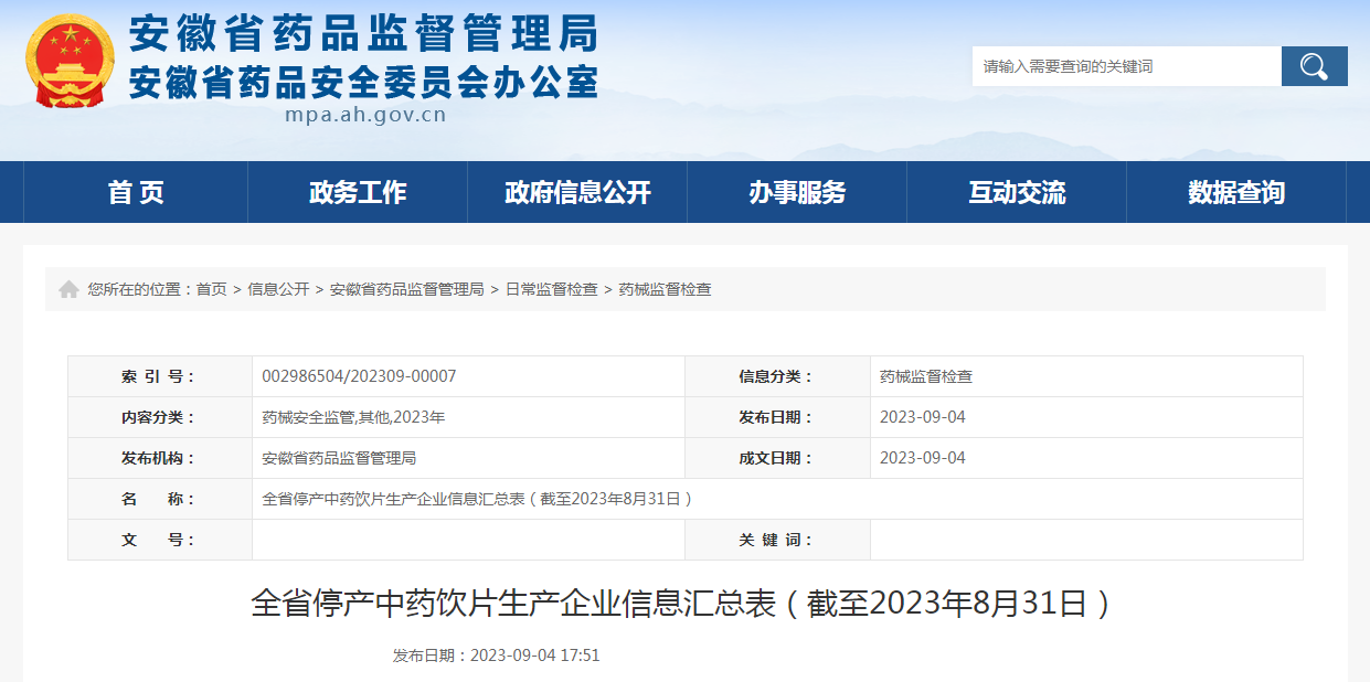 安徽全省停产中药饮片生产企业信息汇总表（截至2023年8月31日）