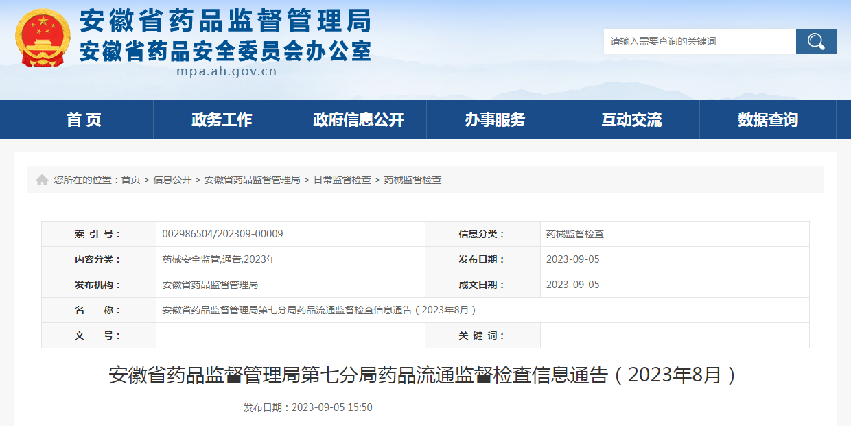 安徽省药品监督管理局第七分局药品流通监督检查信息通告（2023年8月）