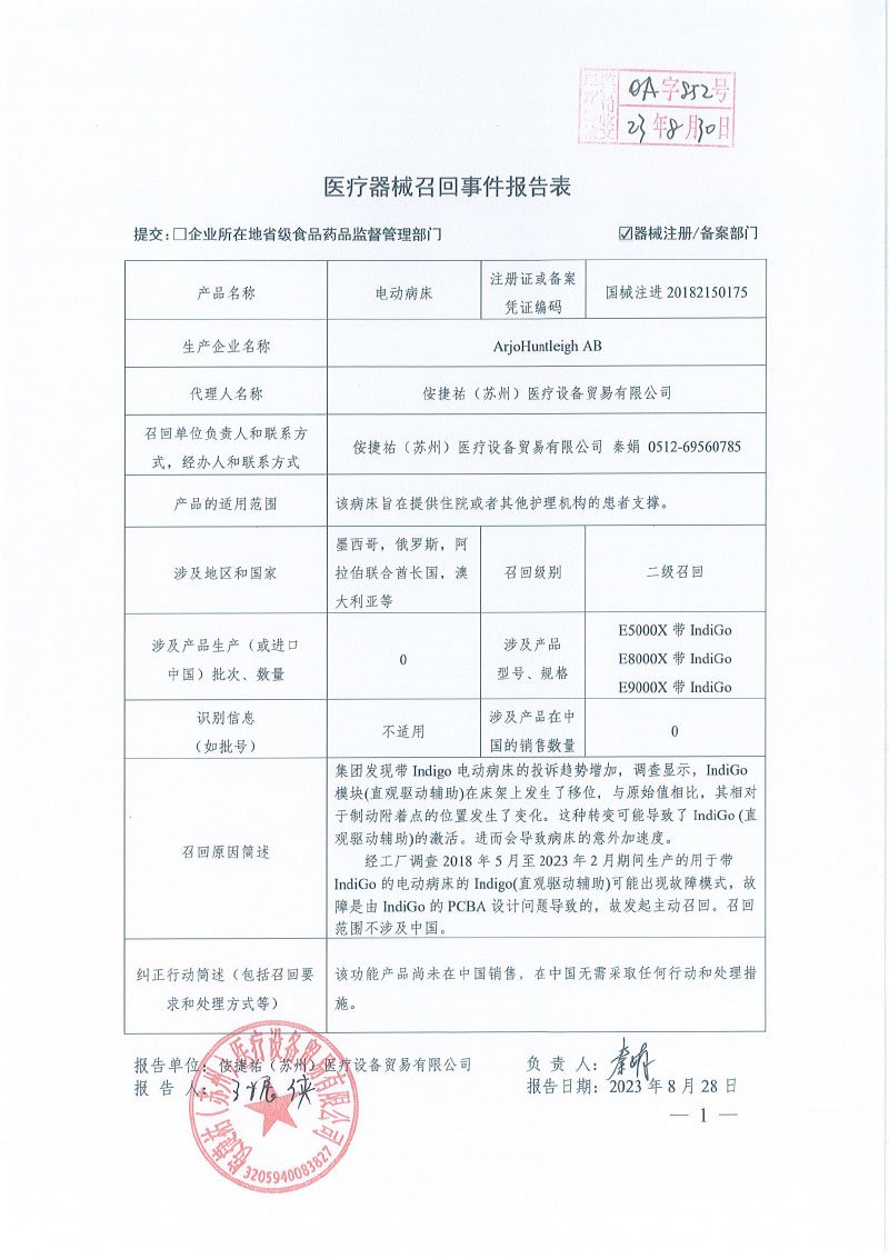 而久亨特利瑞典ArjoHuntleigh AB对电动病床主动召回