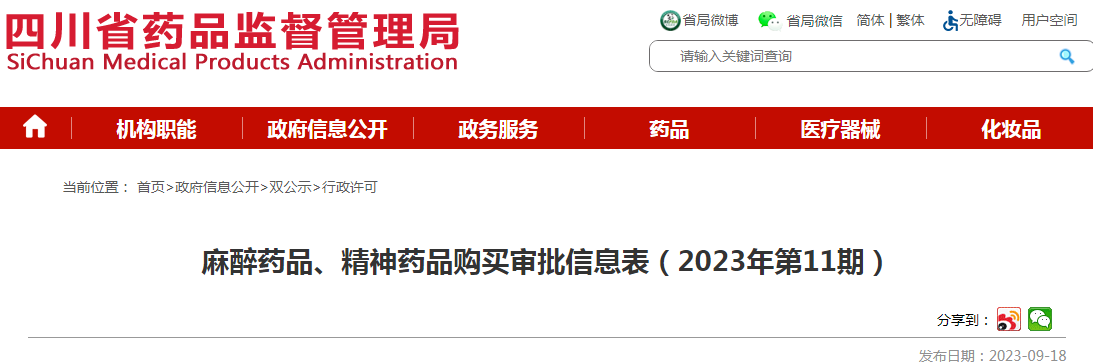 四川省药品监督管理局麻醉药品、精神药品购买审批信息表（2023年第11期）.png