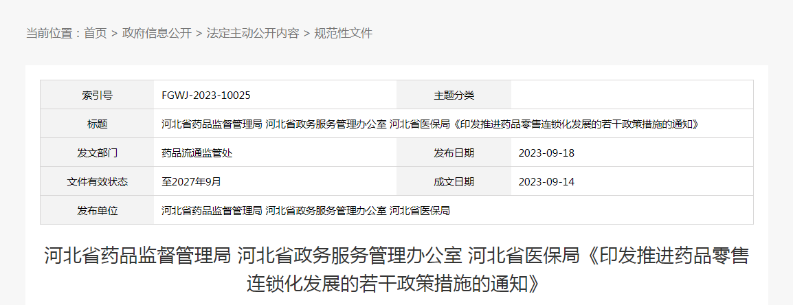 河北省药品监督管理局 河北省政务服务管理办公室 河北省医保局印发《关于推进药品零售连锁化发展的若干政策措施》的通知（冀药监规〔2023〕3号）