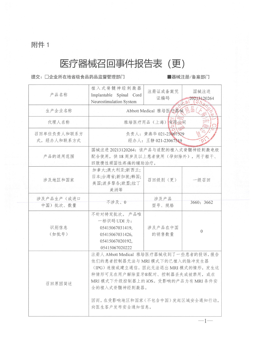 雅培医疗器械Abbott Medical 对植入式脊髓神经刺激器进行召回变更