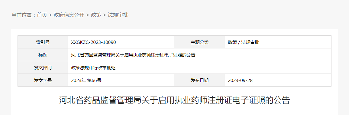 河北省药品监督管理局关于启用执业药师注册证电子证照的公告（2023年第66号）