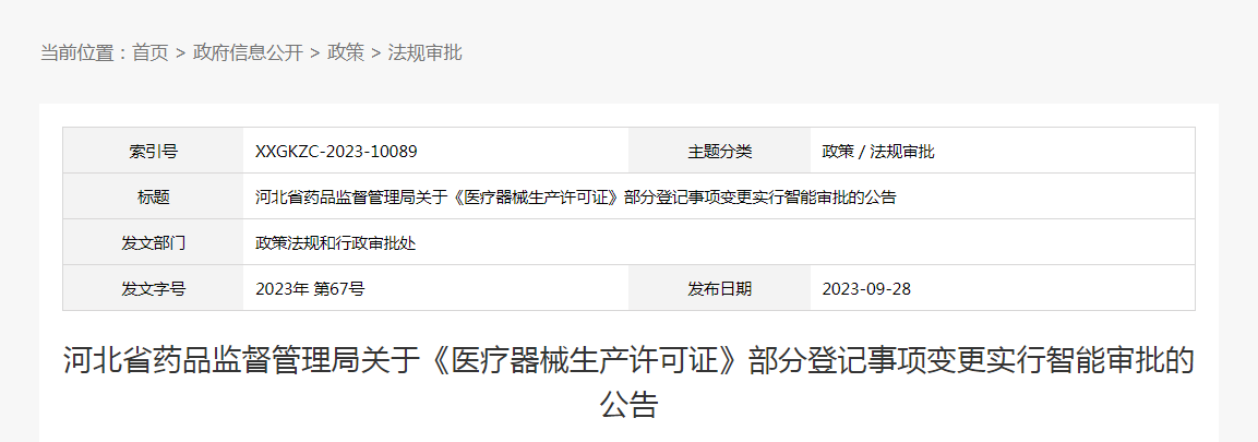 河北省药品监督管理局关于《医疗器械生产许可证》部分登记事项变更实行智能审批的公告（2023年第67号）