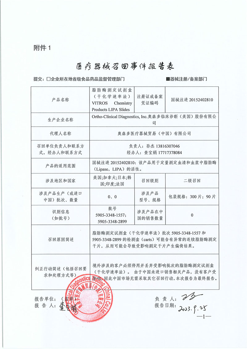 奥森多临床诊断（美国）股份有限公司Ortho-Clinical Diagnostics, Inc.对脂肪酶测定试剂盒（干化学速率法）主动召回