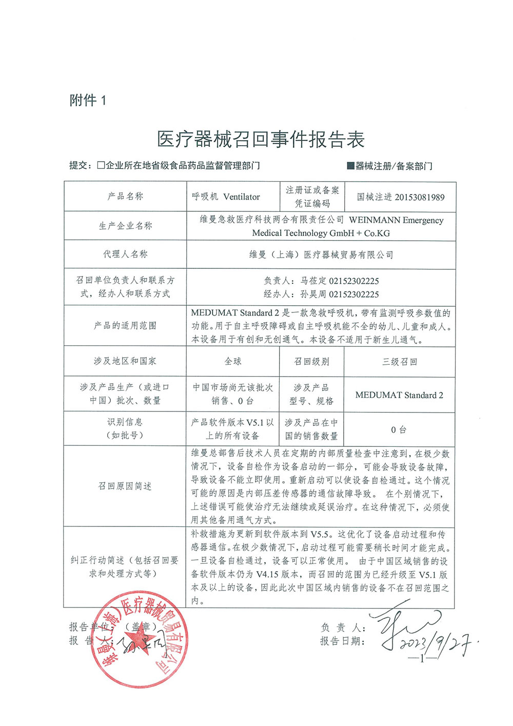 维曼急救医疗科技两合有限责任公司 WEINMANN Emergency Medical Technology GmbH + Co.KG对呼吸机主动召回