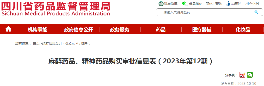 四川省药品监督管理局麻醉药品、精神药品购买审批信息表（2023年第12期）.png