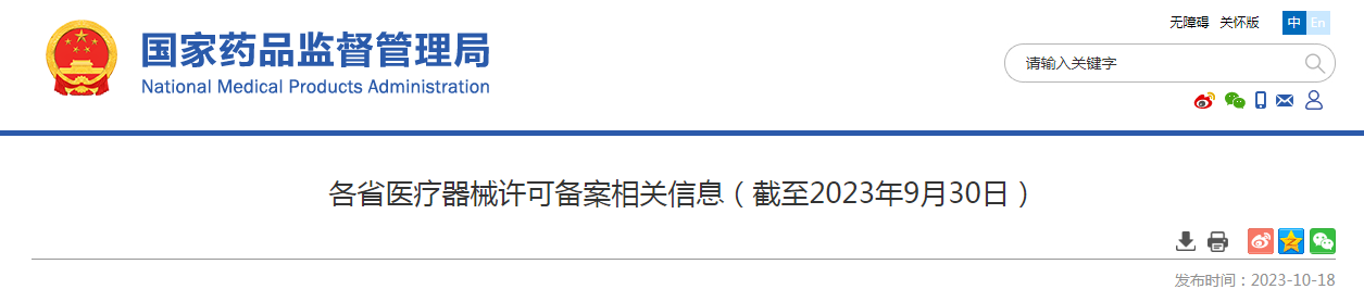 各省医疗器械许可备案相关信息（截至2023年9月30日）