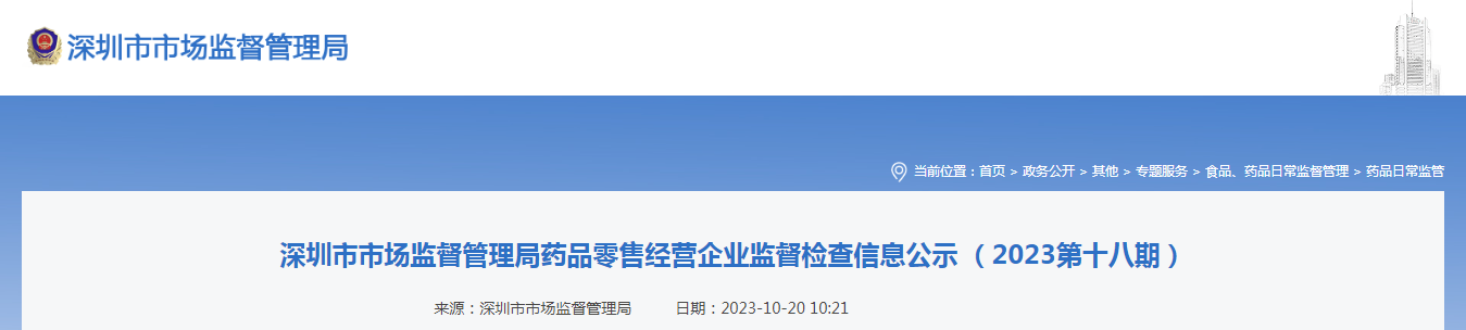 深圳市市场监督管理局药品零售经营企业监督检查信息公示（2023第十八期）
