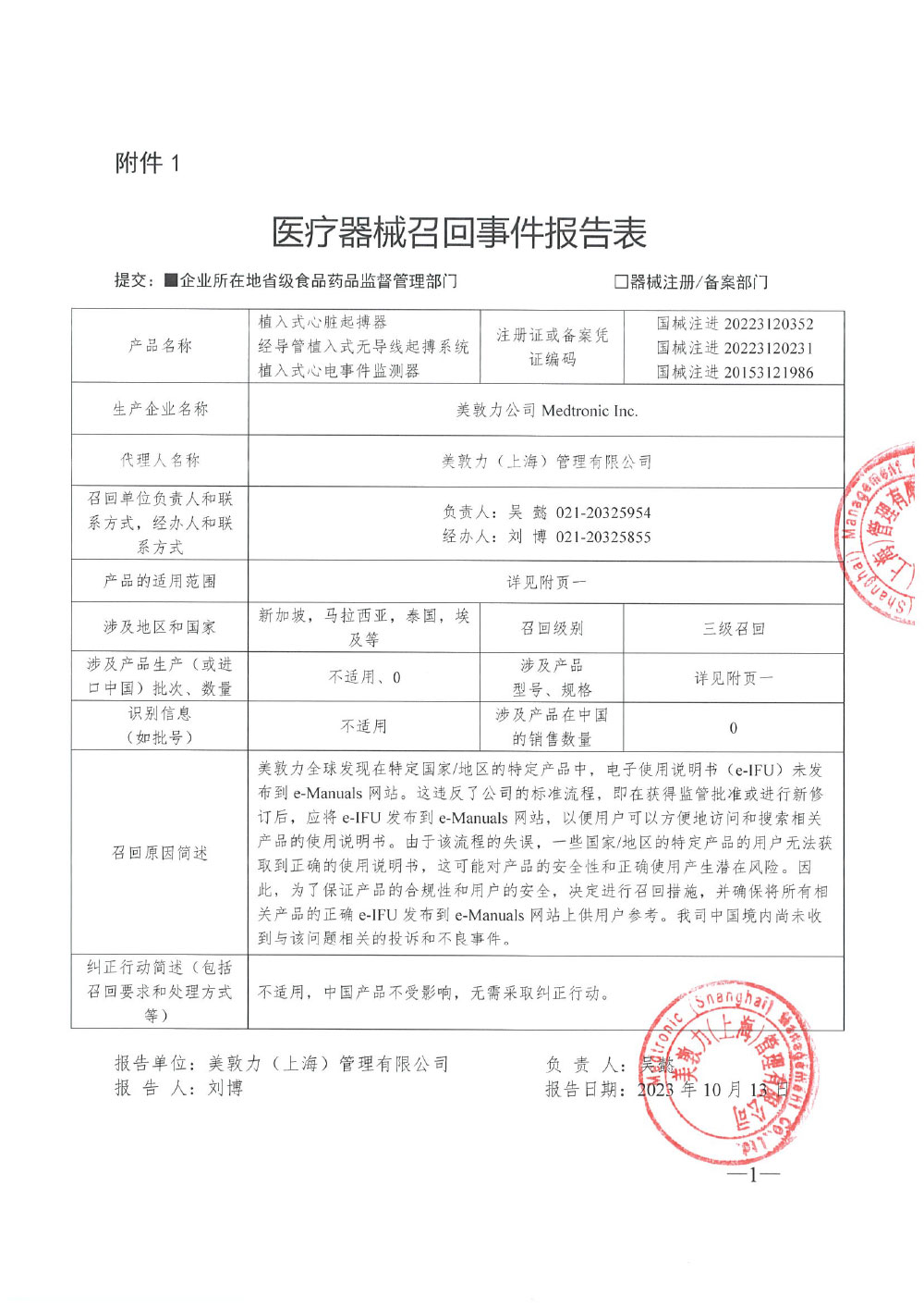 美敦力公司Medtronic Inc.对植入式心电事件监测器、经导管植入式无导线起搏系统、植入式心脏起搏器主动召回