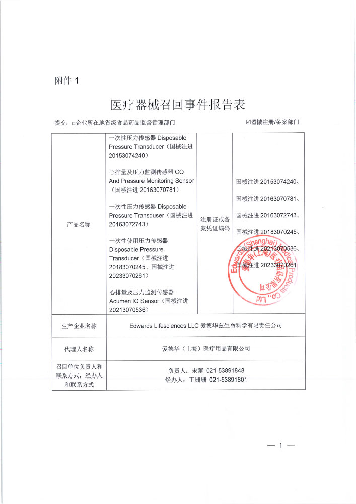 爱德华兹生命科学有限责任公司 Edwards Lifesciences LLC对一次性压力传感器等产品主动召回