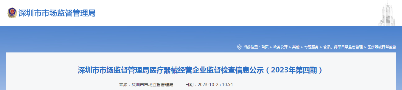 深圳市市场监督管理局医疗器械经营企业监督检查信息公示（2023年第四期）