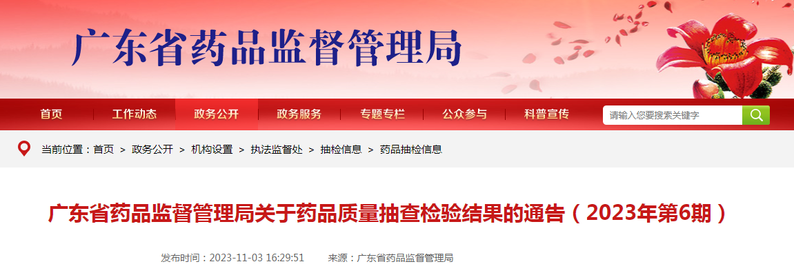 广东省药品监督管理局关于药品质量抽查检验结果的通告（2023年第6期）