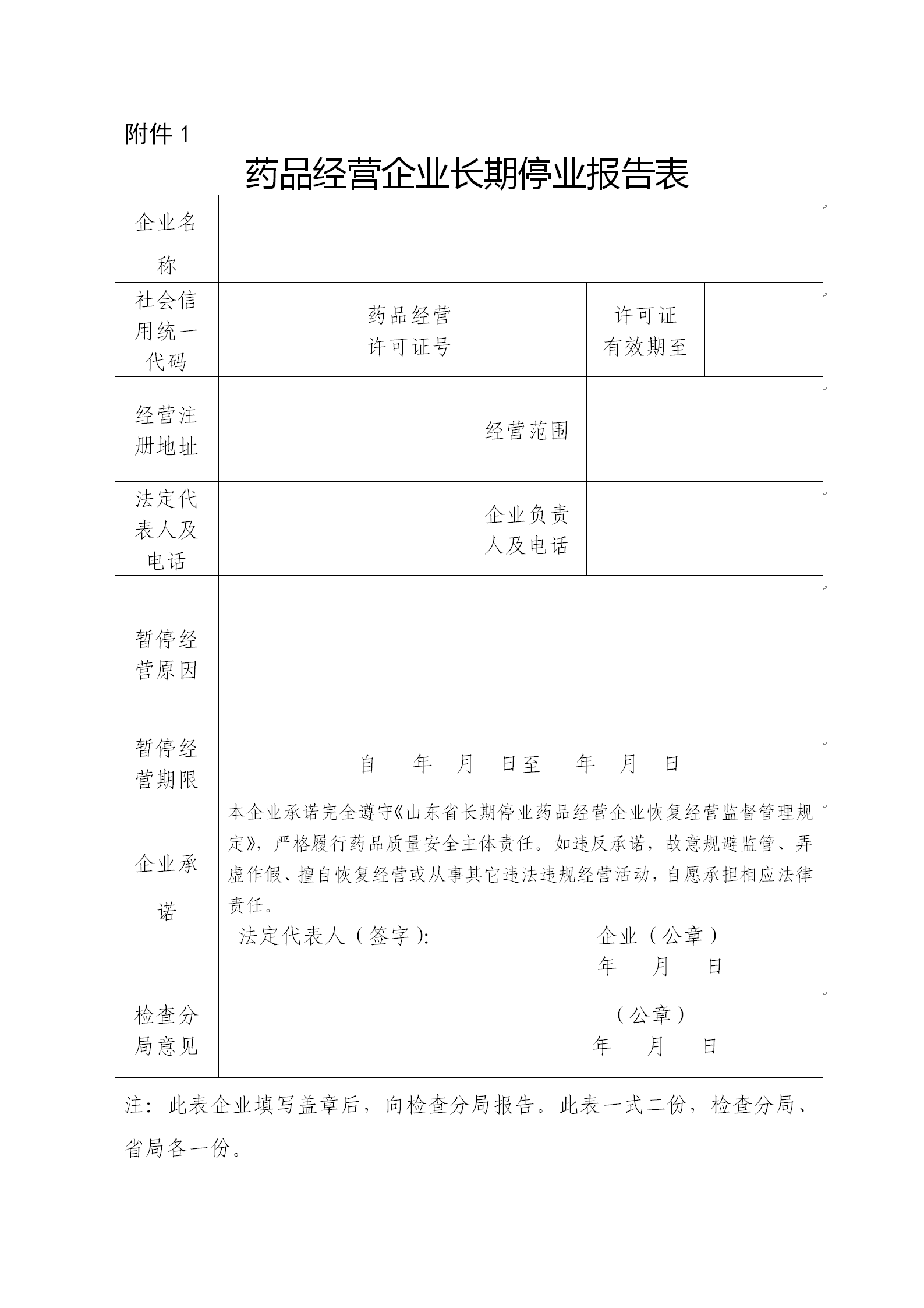 药品经营企业长期停业报告表