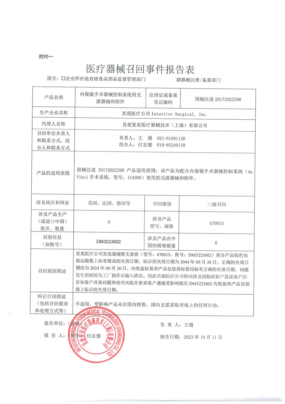 直观医疗公司Intuitive Surgical, Inc.对内窥镜手术器械控制系统用无源器械和附件主动召回