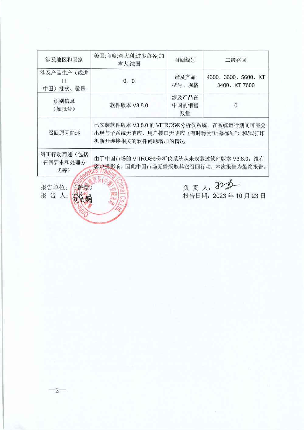 奥森多临床诊断(美国)股份有限公司Ortho-Clinical Diagnostics, Inc.对全自动生化分析仪VITROS 4600 Chemistry System等产品主动召回 奥森多临床诊断(美国)股份有限公司Ortho-Clinical Diagnostics, Inc.对全自动生化分析仪VITROS 4600 Chemistry System等产品主动召回