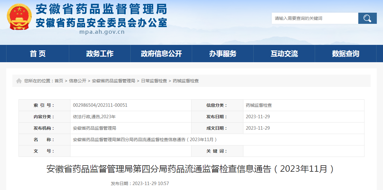 安徽省药品监督管理局第四分局药品流通监督检查信息通告（2023年11月）