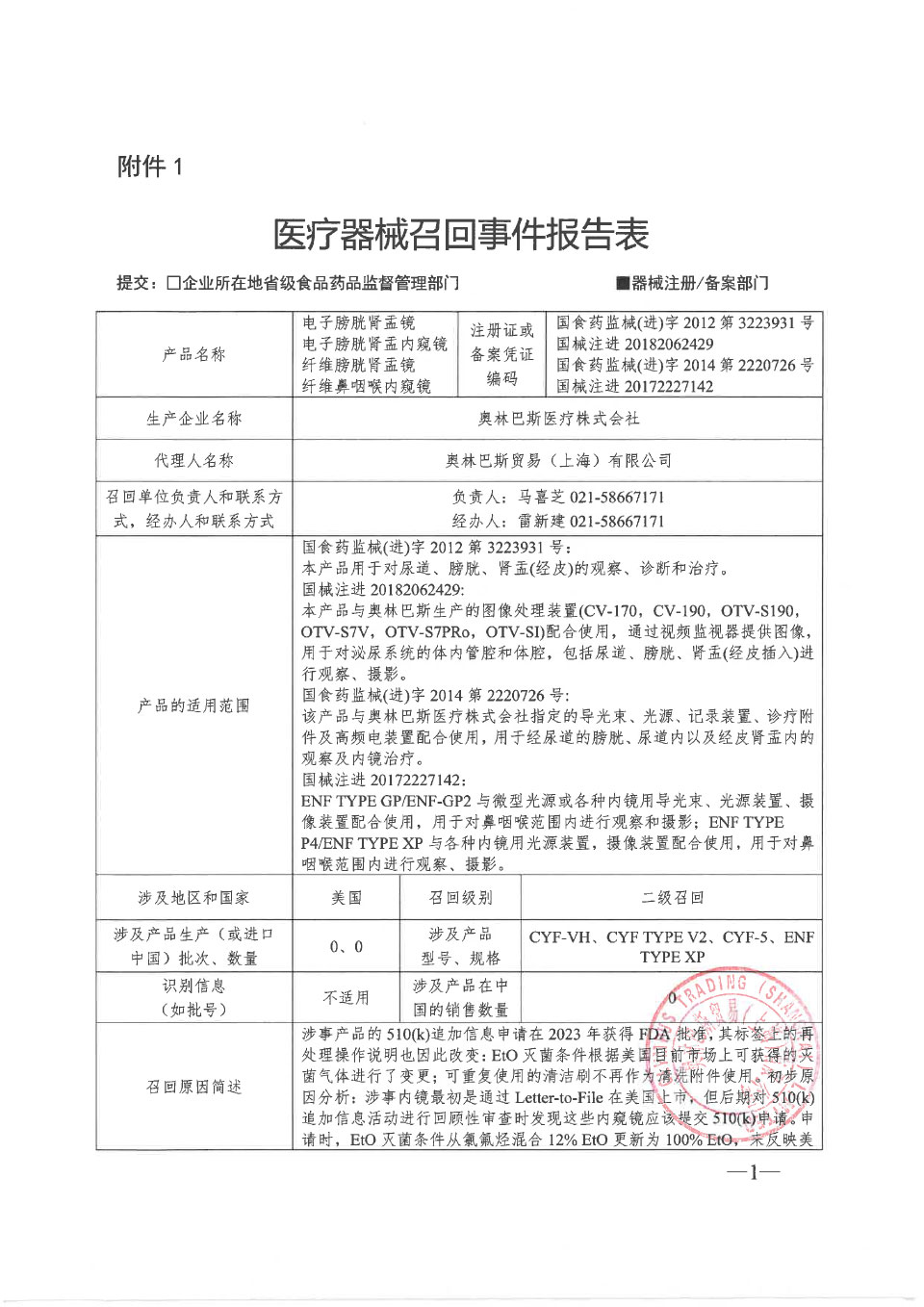 奥林巴斯医疗株式会社对纤维鼻咽喉内窥镜、电子膀胱肾盂内窥镜、电子膀胱肾盂镜、纤维膀胱肾盂镜主动召回