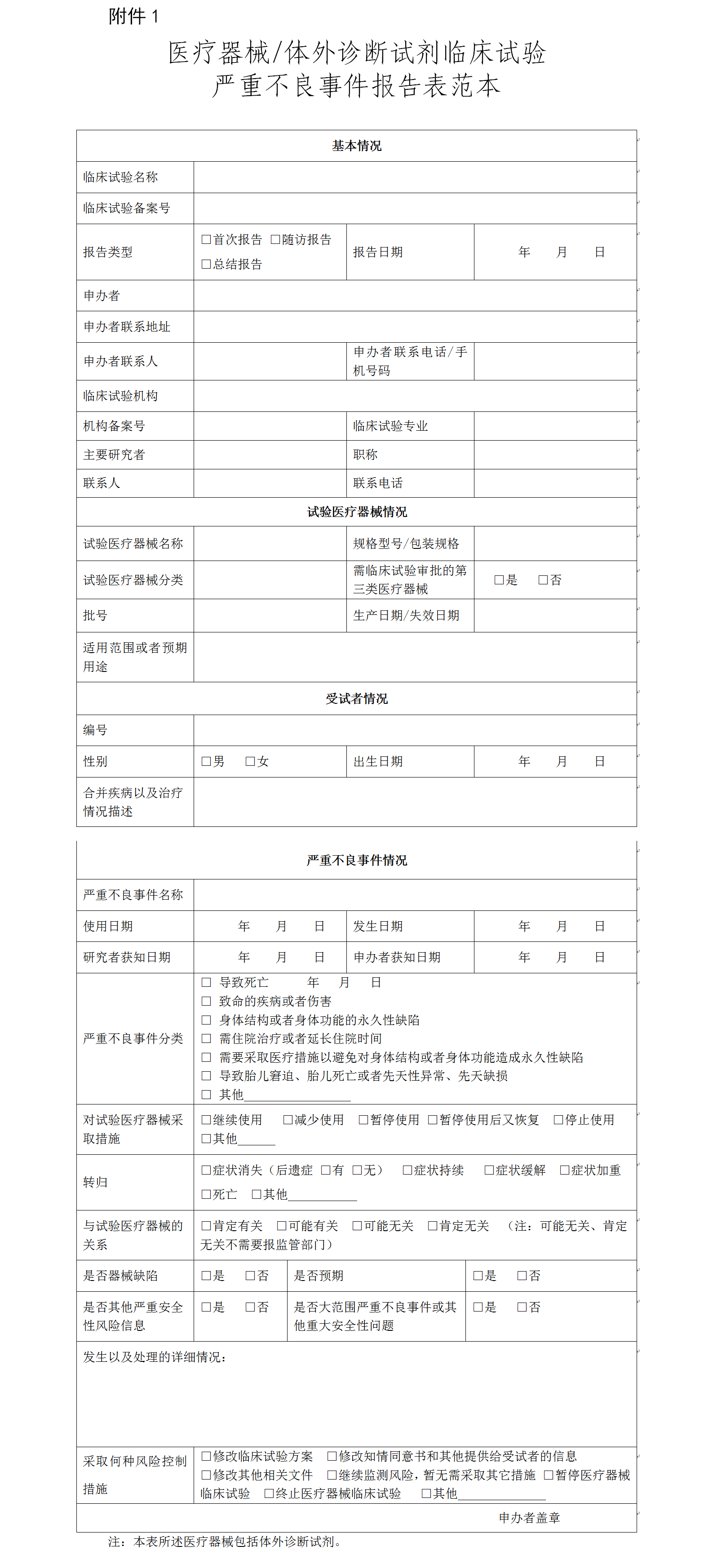 医疗器械/体外诊断试剂临床试验严重不良事件报告表范本