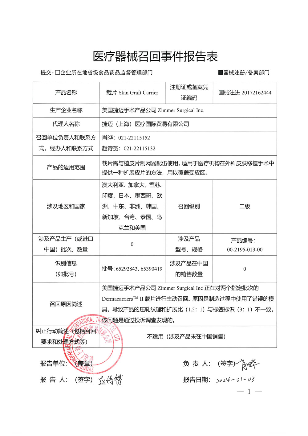 美国捷迈手术产品公司Zimmer Surgical Inc.对载片主动召回
