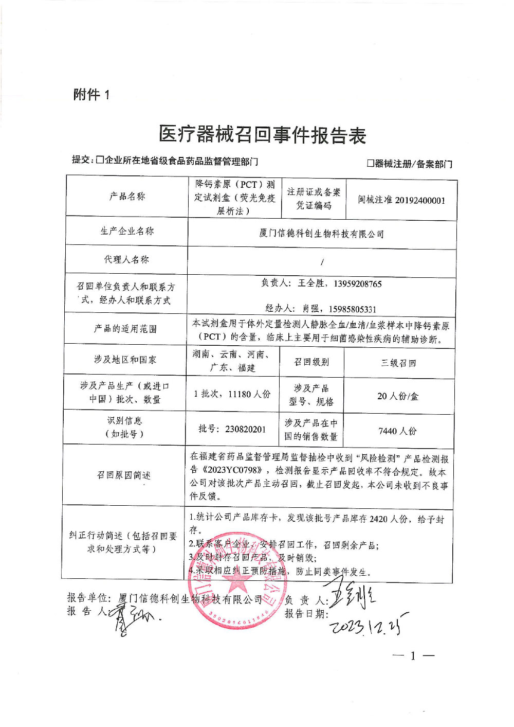 厦门信德科创生物科技有限公司对心肌肌钙蛋白I(cTnI)测定试剂盒等3个产品主动召回