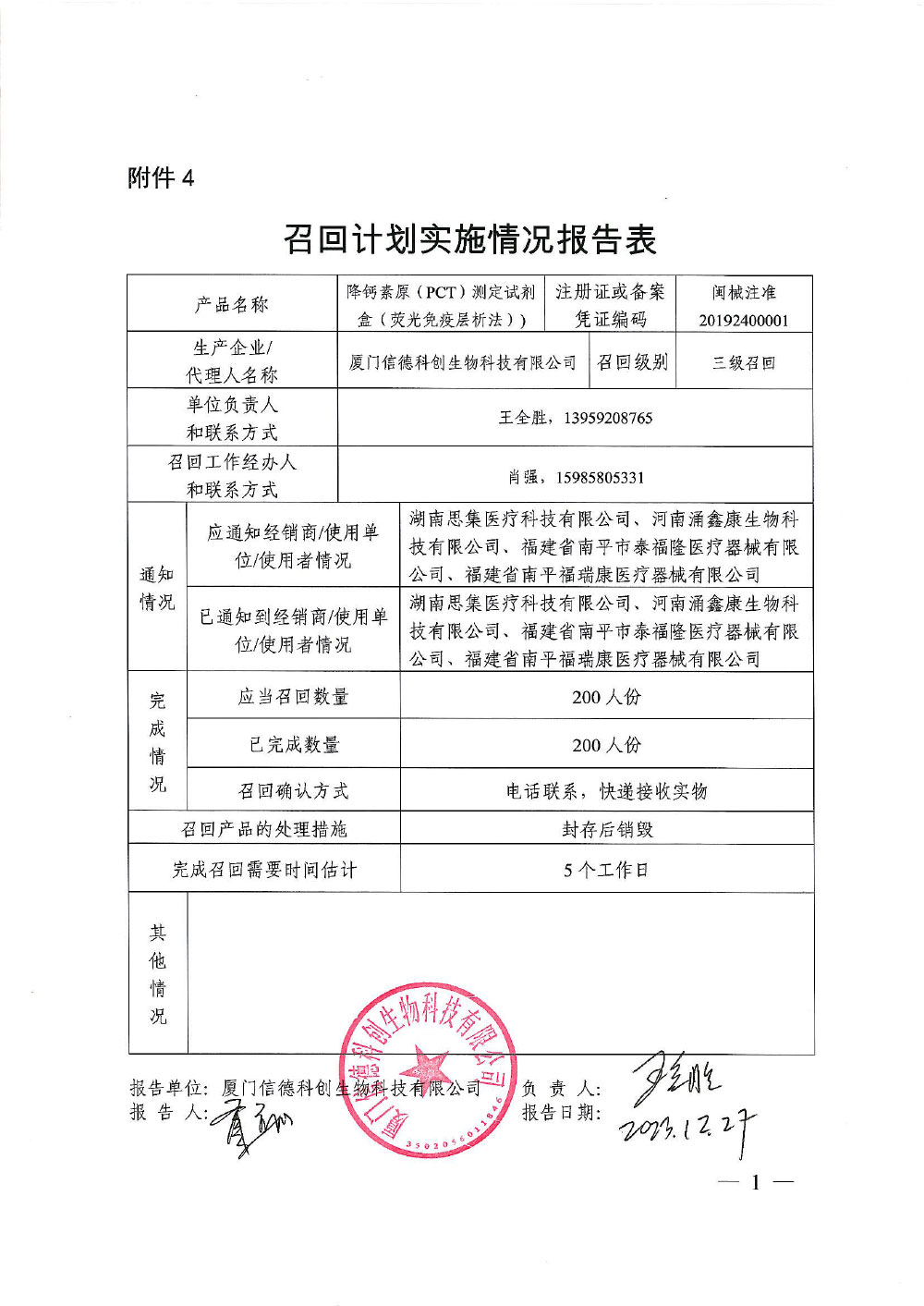 厦门信德科创生物科技有限公司对心肌肌钙蛋白I(cTnI)测定试剂盒等3个产品主动召回