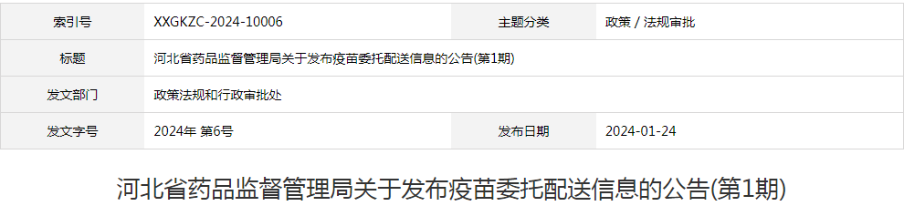 河北省药品监督管理局关于发布疫苗委托配送信息的公告(第1期)（2024年 第6号）