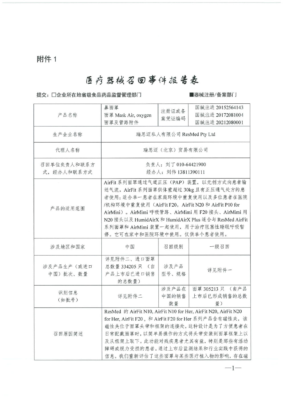 瑞思迈私人有限公司ResMed Pty Ltd对面罩及管路附件等产品主动召回