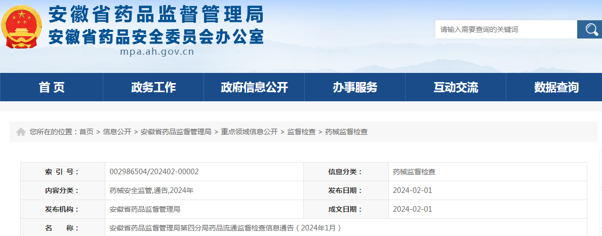 安徽省药品监督管理局第四分局药品流通监督检查信息通告（2024年1月）.png
