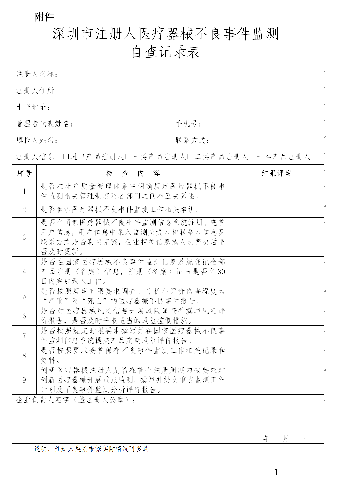 深圳市注册人医疗器械不良事件监测自查记录表