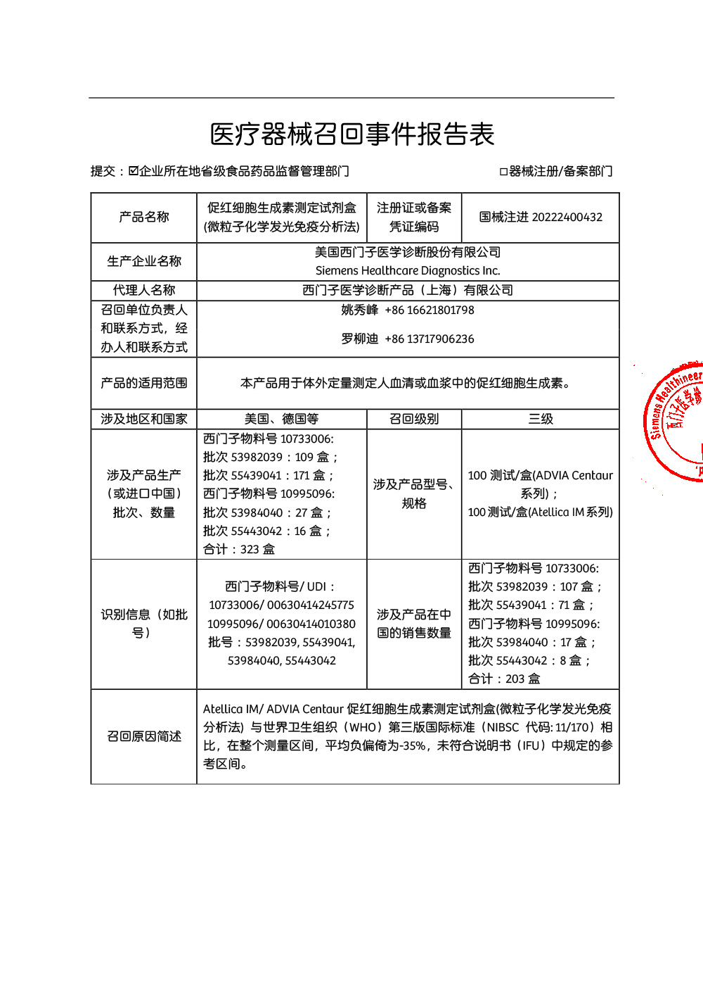 西门子医学诊断产品（上海）有限公司对促红细胞生成素测定试剂盒（微粒子化学发光免疫分析法）主动召回（沪药监械主召2024-028）