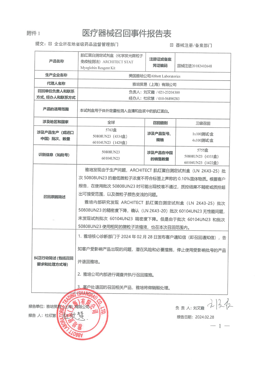 雅培贸易（上海）有限公司对肌红蛋白测定试剂盒（化学发光微粒子免疫检测法）主动召回（沪药监械主召2024-045）