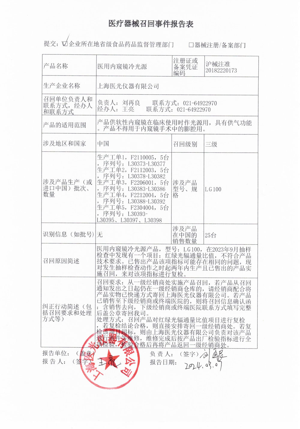 上海医光仪器有限公司对医用内窥镜冷光源主动召回（沪药监械主召2024-051）