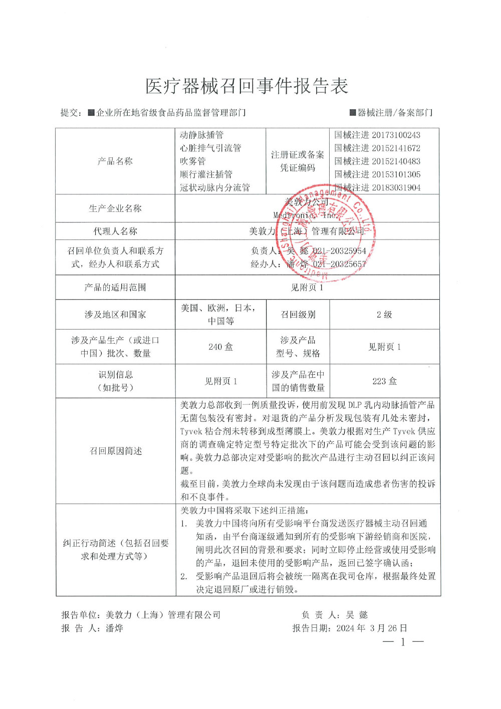 美敦力（上海）管理有限公司对动静脉插管、心脏排气引流管、吹雾管、顺行灌注插管、冠状动脉内分流管主动召回（沪药监械主召2024-065）