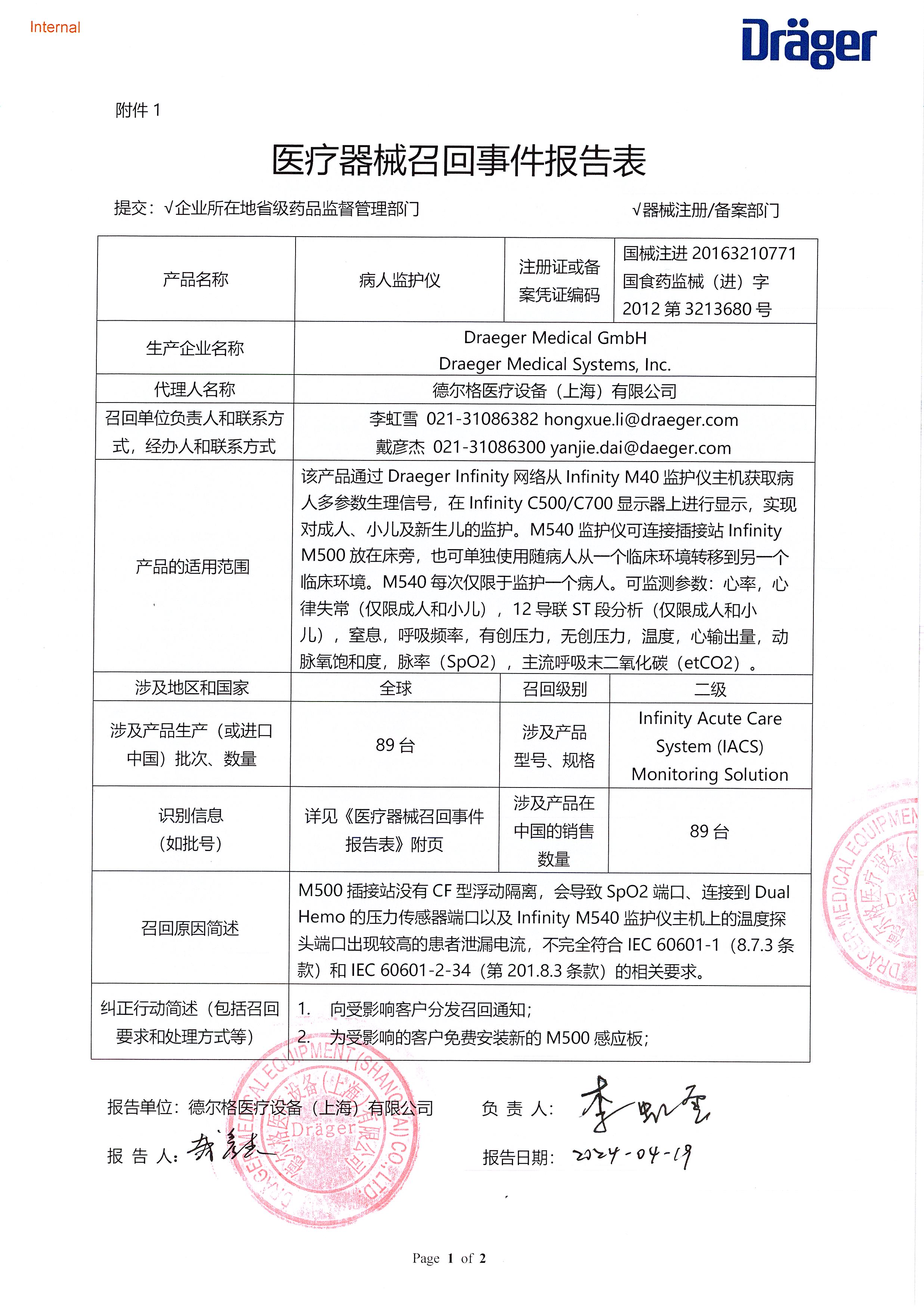 德尔格医疗设备（上海）有限公司对病人监护仪主动召回（沪药监械主召2024-080）