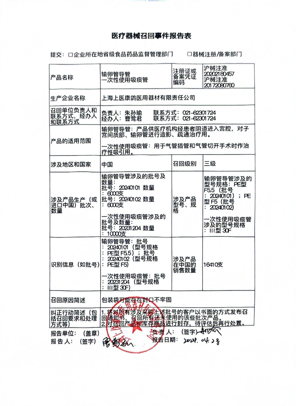 上海上医康鸽医用器材有限责任公司对输卵管导管、一次性使用吸痰管主动召回（沪药监械主召2024-084）